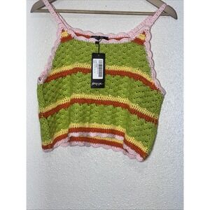 Nasty Gal Striped Multicolored Knitted Crochet Crop Top Sleeveless Size L NWT